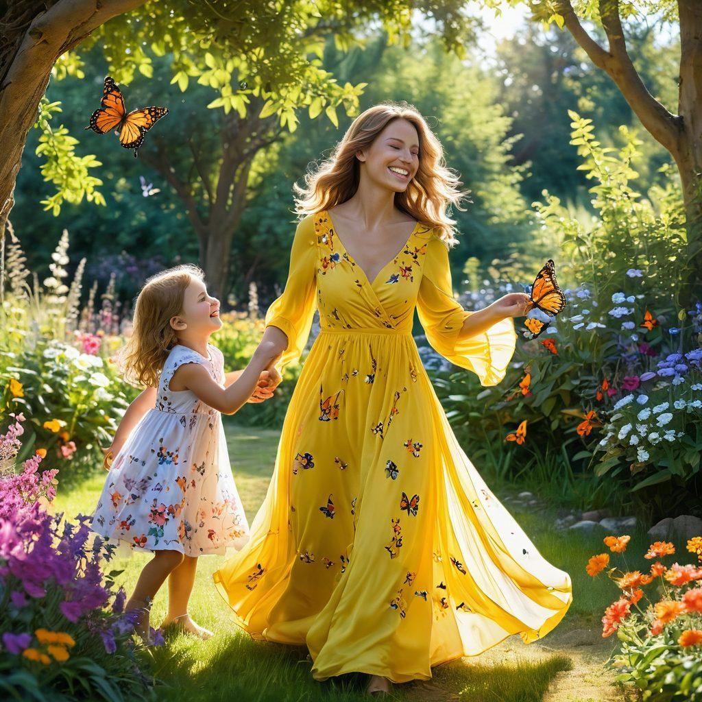 A joyful mother and her child playing in a sunlit garden, surrounded by colorful flowers and butterflies. The mother wears a bright, flowing dress, and the child is laughing while reaching out to touch a butterfly. A soft breeze ruffles the leaves of nearby trees, creating a serene and cheerful atmosphere. The scene conveys warmth, love, and carefree moments. vibrant colors. super-realistic.