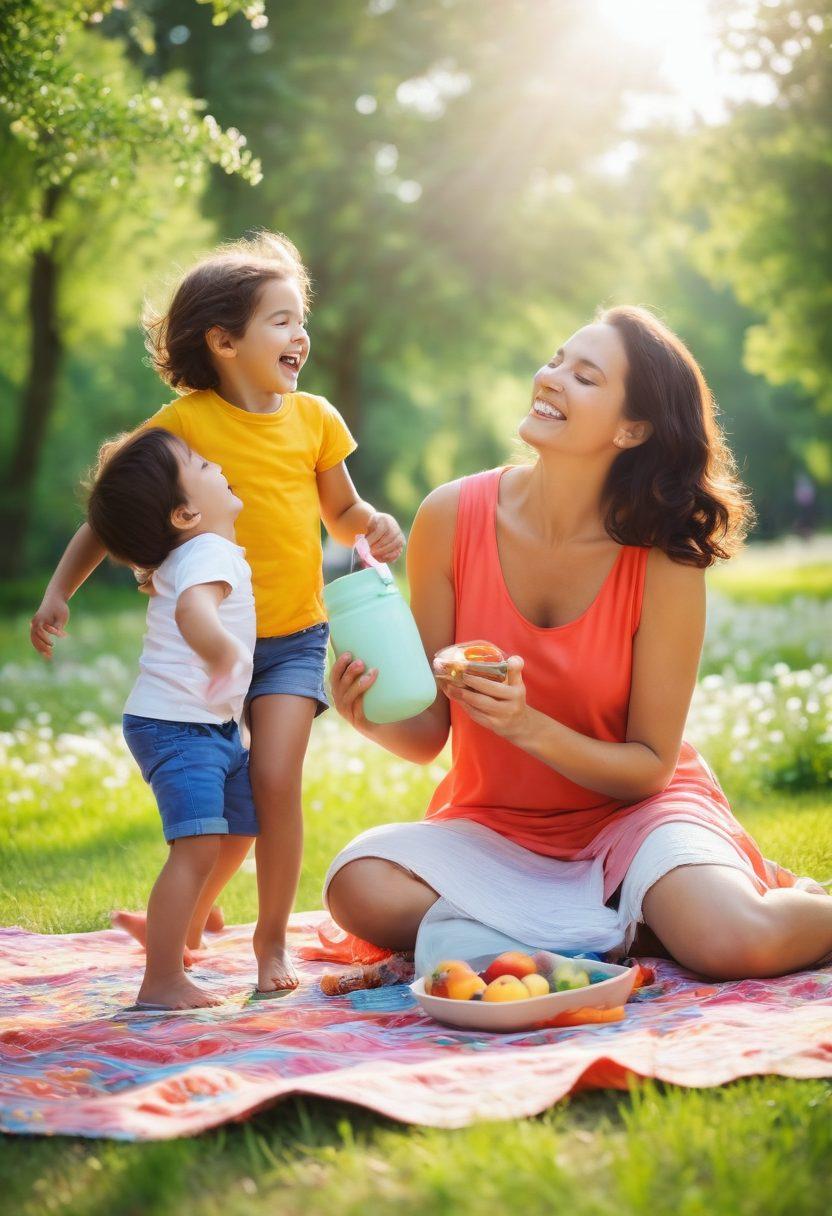 A joyful mother playing with her children in a sunlit park, surrounded by blooming flowers and lush greenery. The mother is laughing, exuding happiness, while her children are happily running around. Include a picnic blanket with colorful snacks, symbolizing togetherness and cheerful moments. Soft, warm lighting enhances the blissful atmosphere, creating a feeling of love and joy. super-realistic. vibrant colors. soft focus.
