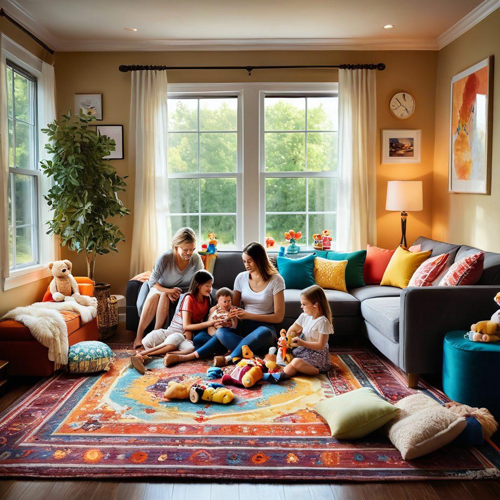 A cozy family scene depicting a warm living room filled with laughter and joy. Show a mother playing with her children on a colorful rug, surrounded by soft pillows and playful toys. Include elements like family photos on the walls and a sun-filled window creating a serene atmosphere. Emphasize vibrant colors to evoke happiness and warmth. super-realistic. vibrant colors. soft lighting.